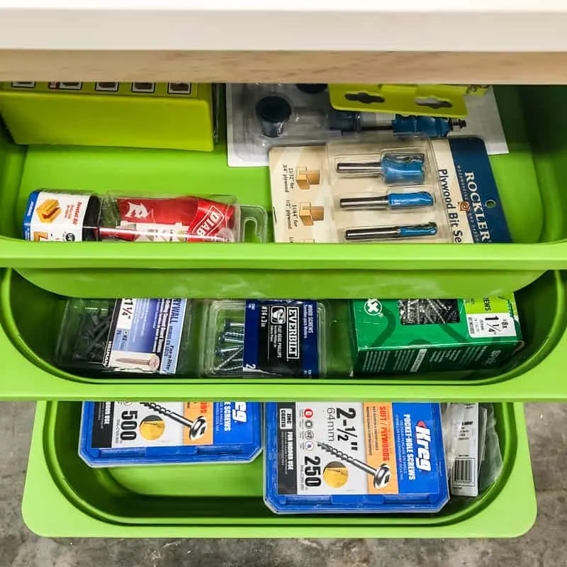 IKEA Trofast bins filled with woodworking tools and screws