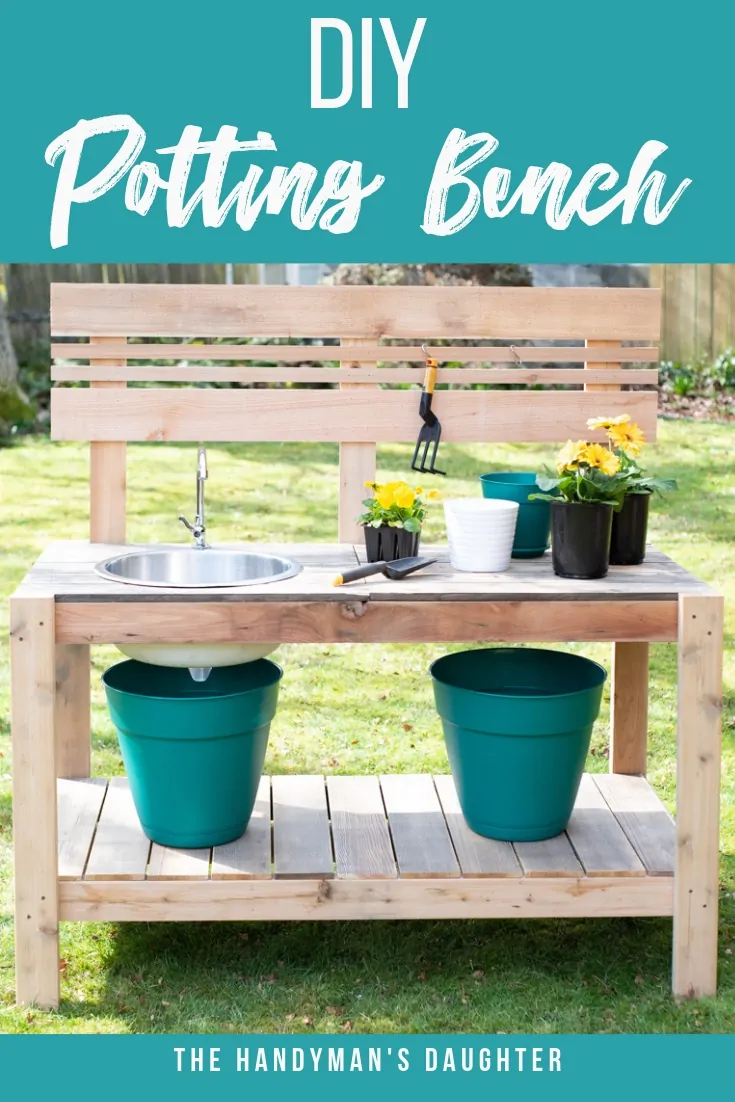 front view of DIY potting bench with sink