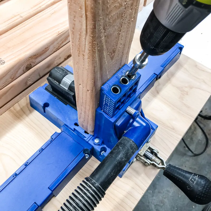 drilling pocket holes in 2x4s for garage shelving