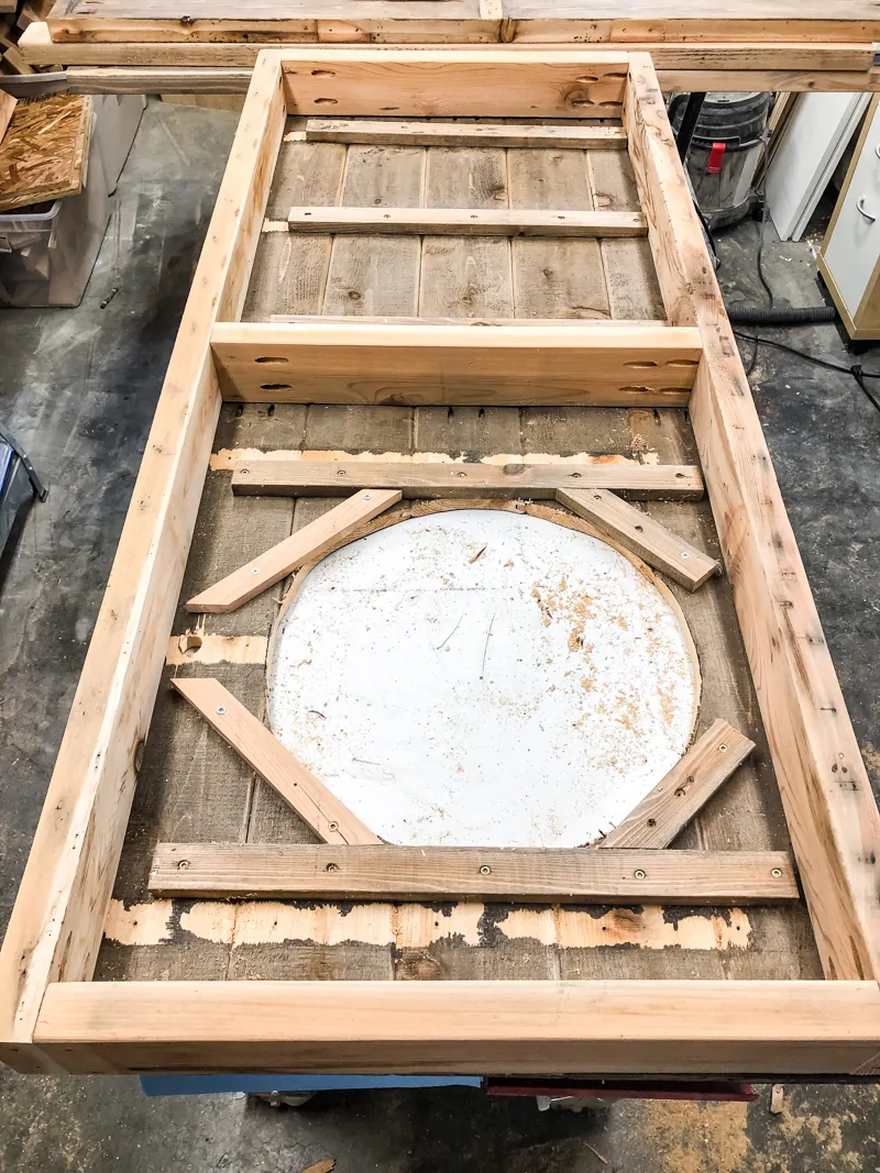 underside of DIY potting bench countertop