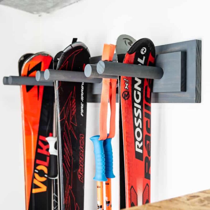 DIY ski rack on garage wall