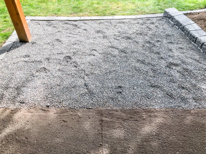 pea gravel patio with concrete paver border