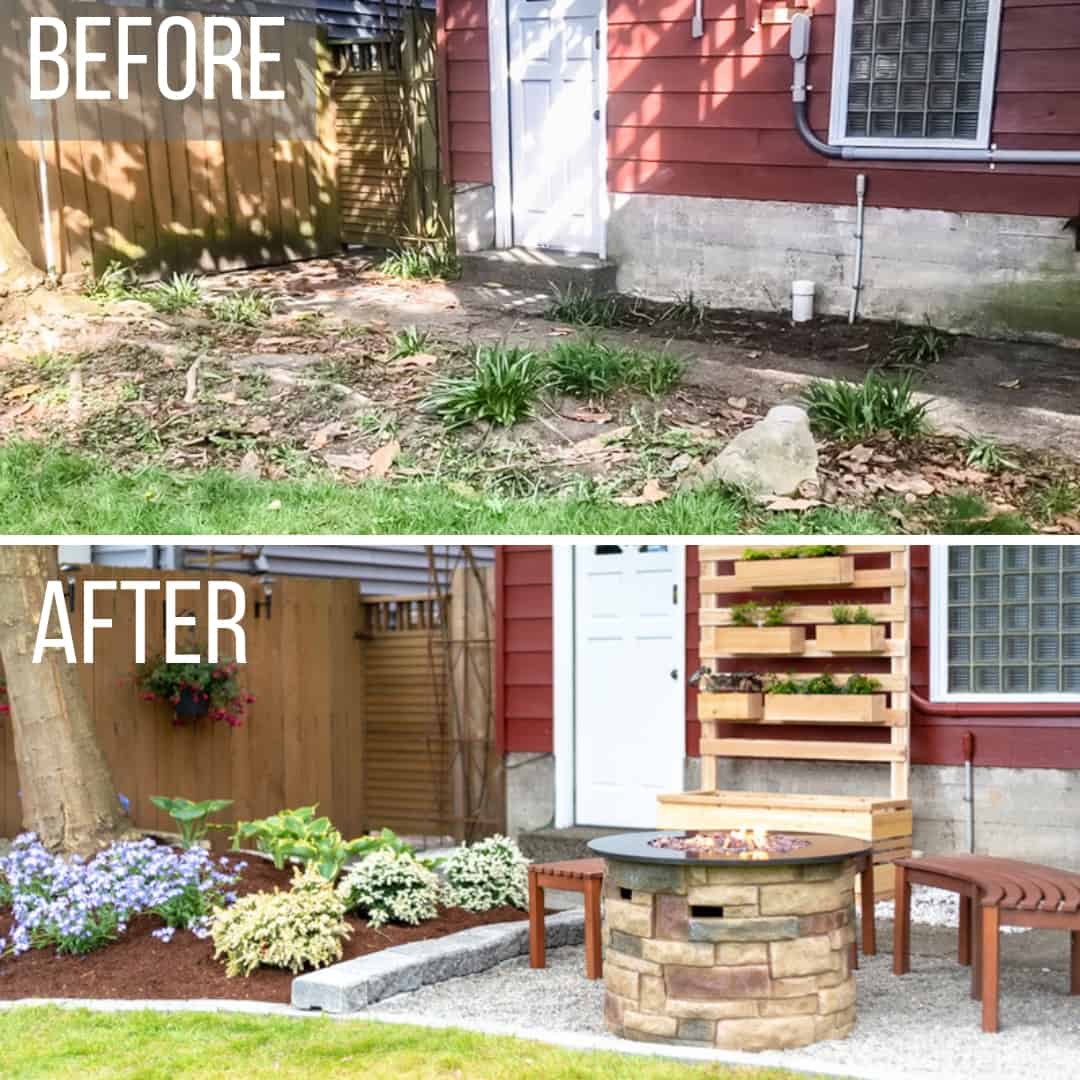 before and after of pea gravel patio area