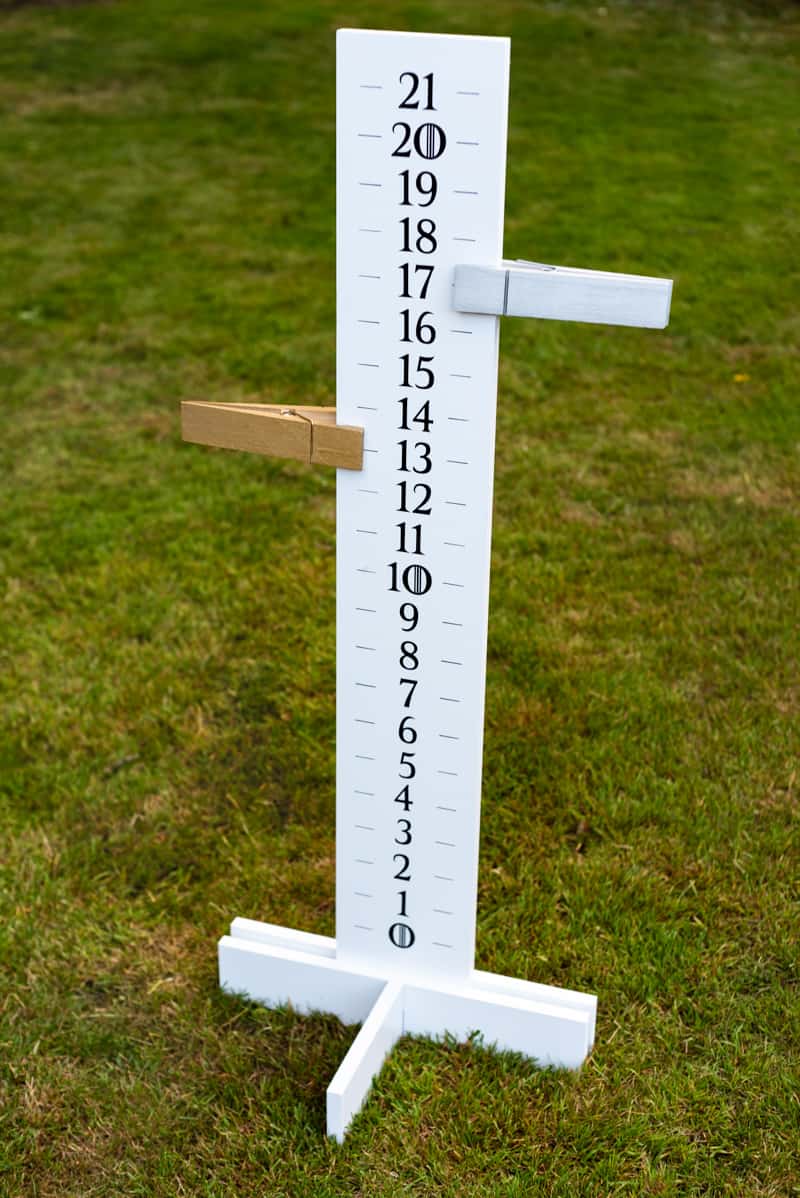 DIY cornhole scoreboard in backyard