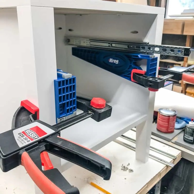 using Kreg drawer slide jig to attach drawer slides to inside of nightstand