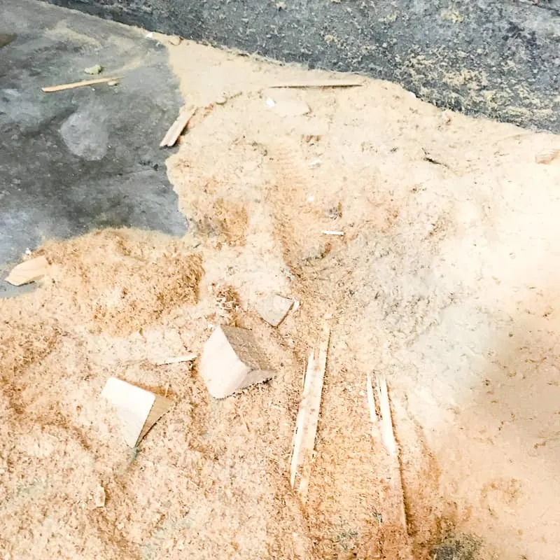 sawdust piled up behind miter saw
