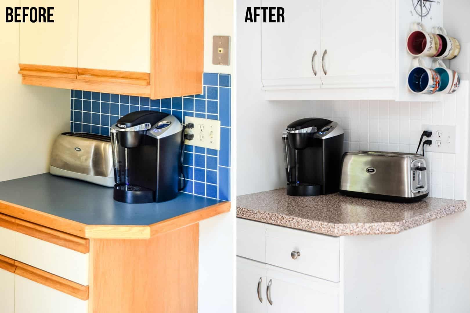 80s kitchen before and after painting cabinets and backsplash