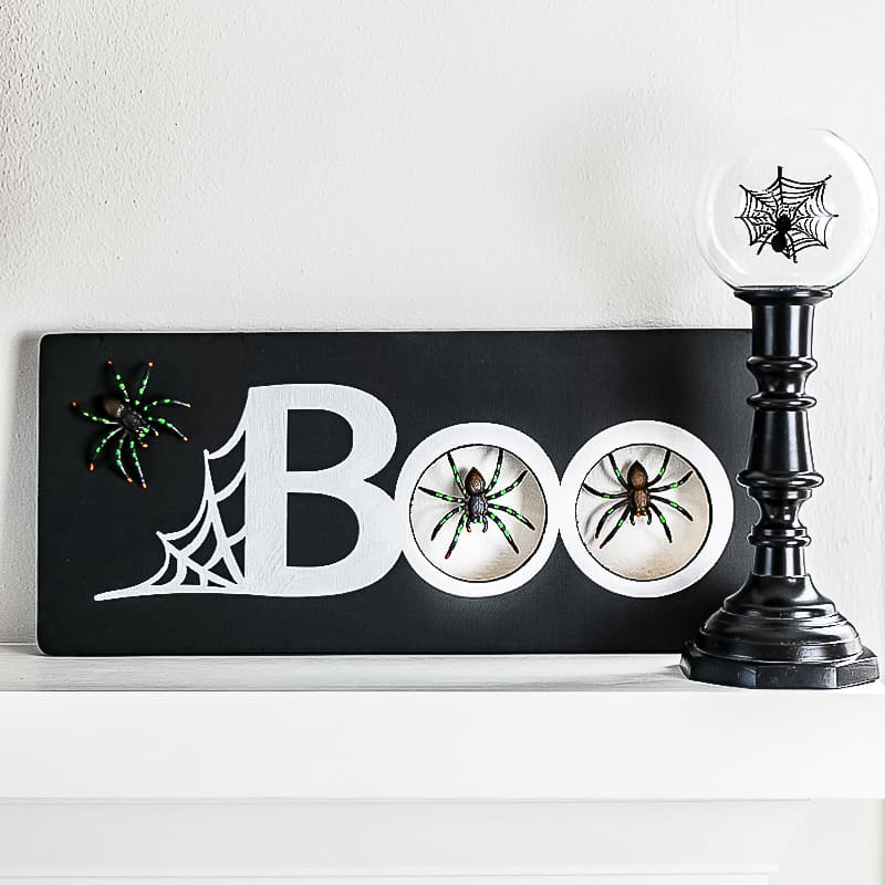 DIY Halloween spider decoration on mantel