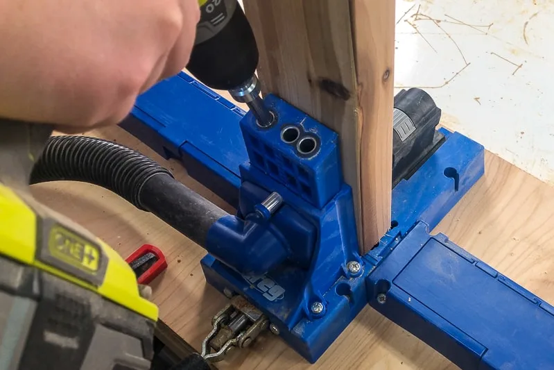 drilling pocket holes in a 2x4 board