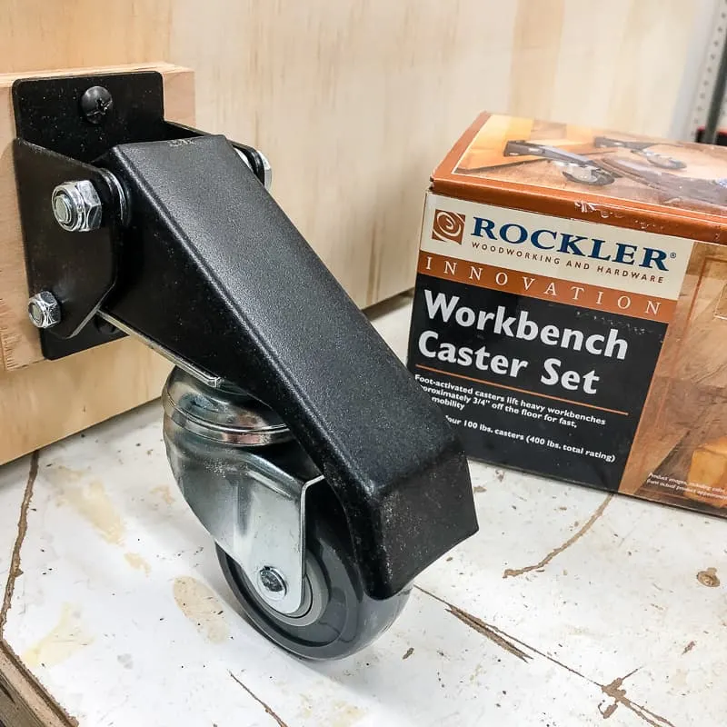 Rockler workbench caster installed on DIY workbench