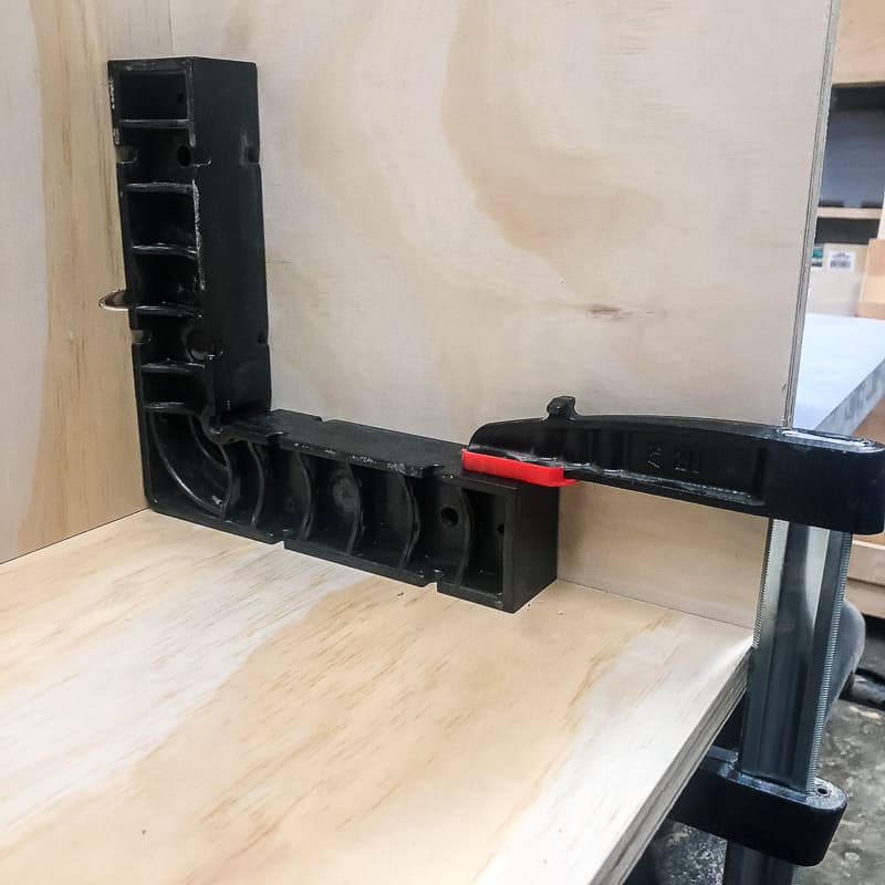 square clamped to inside of DIY workbench