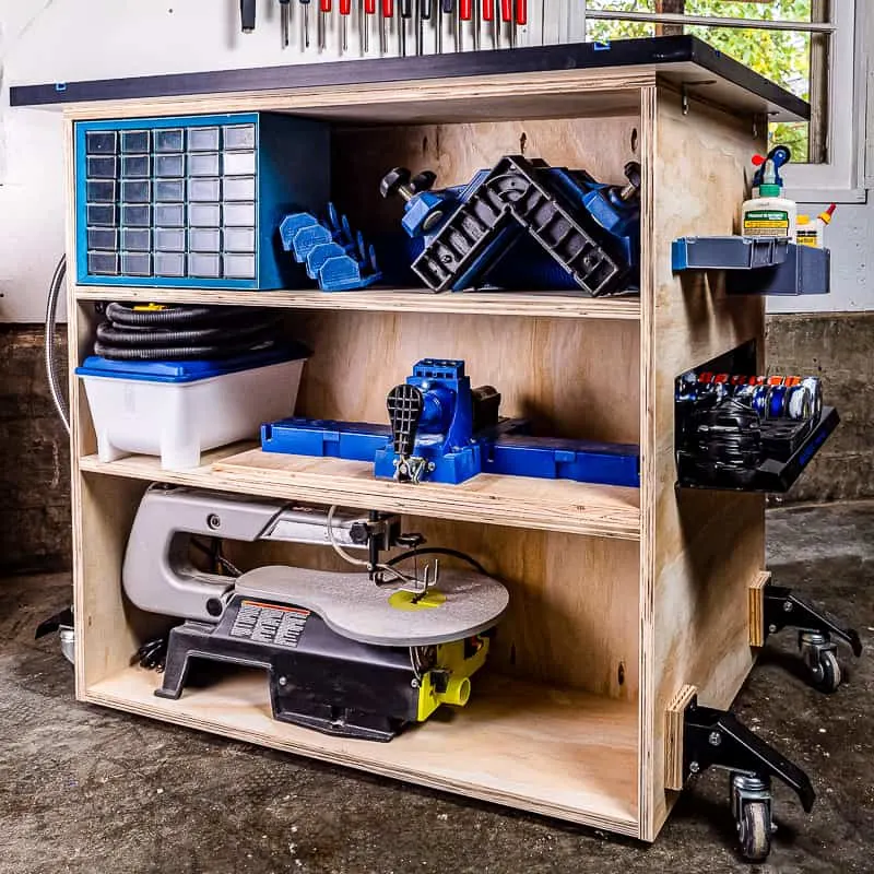 DIY workbench with shelves