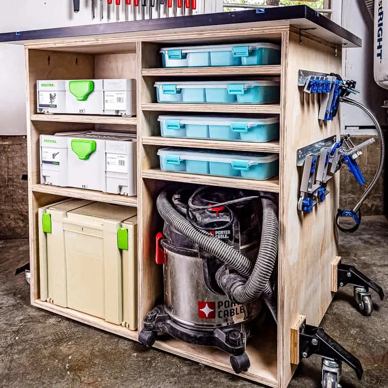 DIY workbench with storage shelves