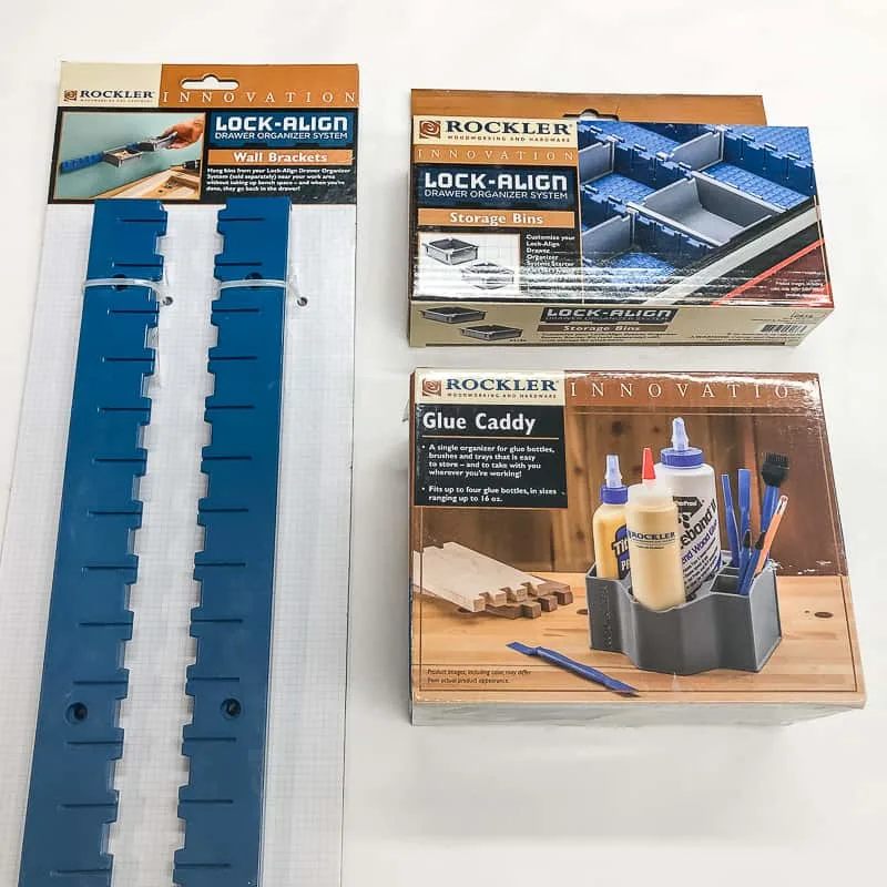 Rockler storage bins, glue caddy and wall bracket