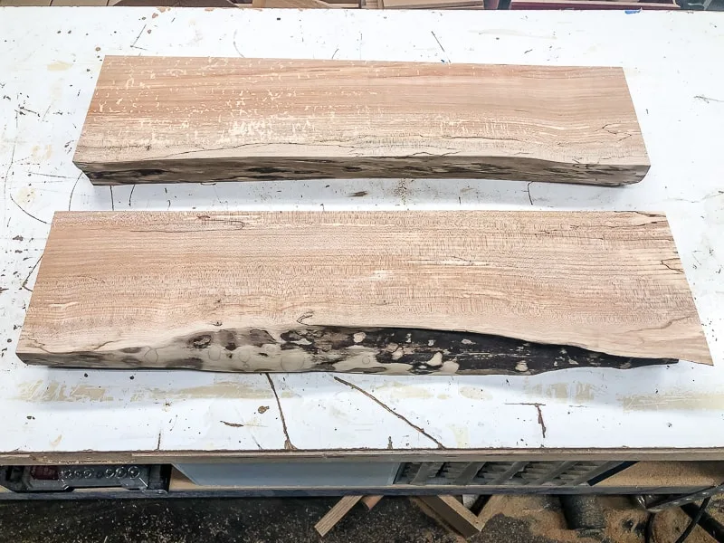 live edge floating shelves on workbench