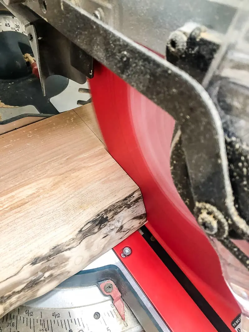 cutting live edge slab to length of floating shelves