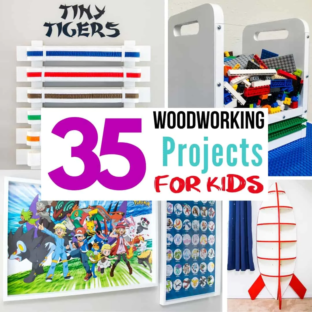 collage of woodworking projects for kids