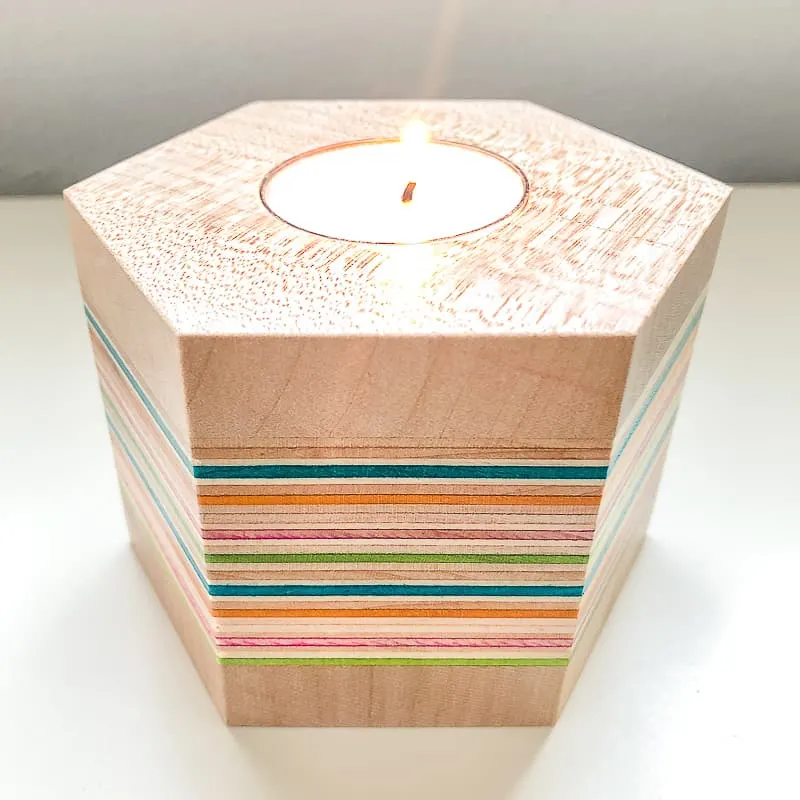 DIY wood candle holder made from recycled skateboards