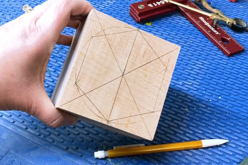 hexagon drawn on top of DIY wood candle holder