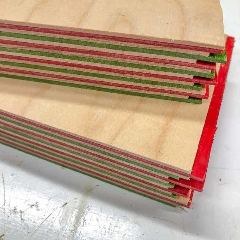 two 1" stacks of dyed wood veneer for wooden ornaments