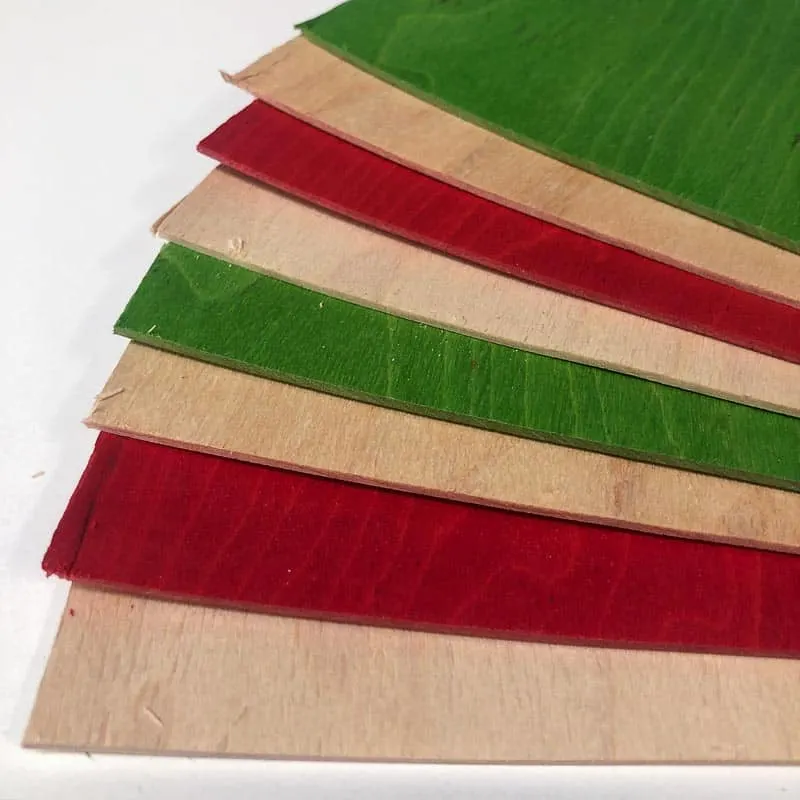 layers of red, green and natural colored veneer for wooden ornaments