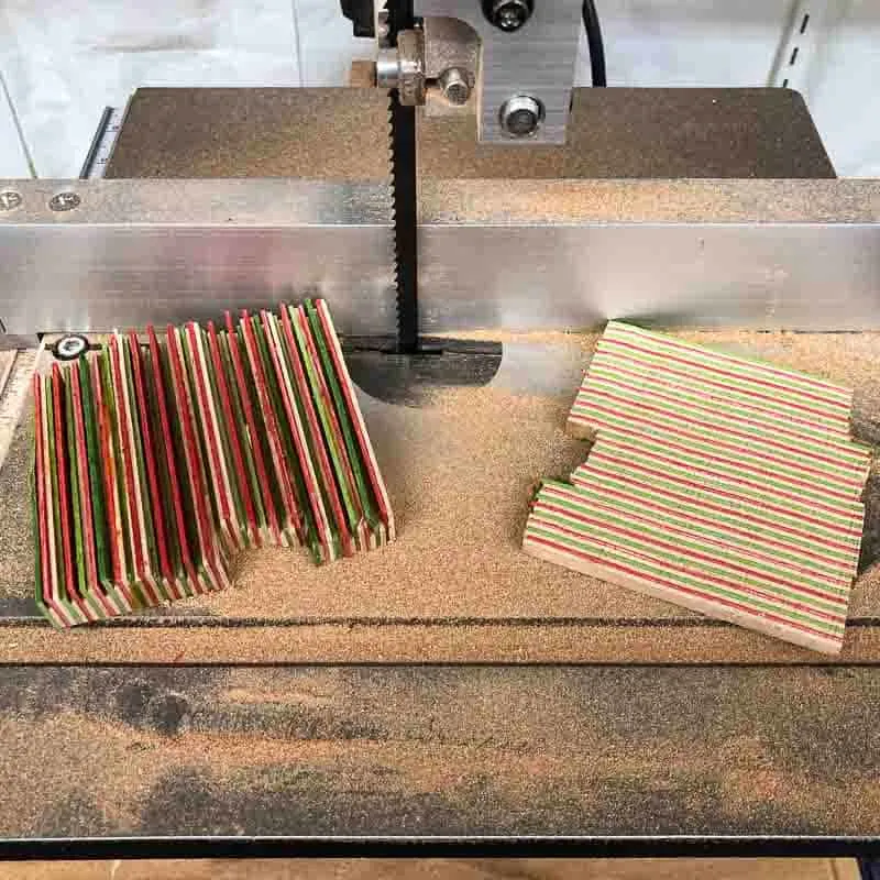 wooden ornament slices cut on band saw