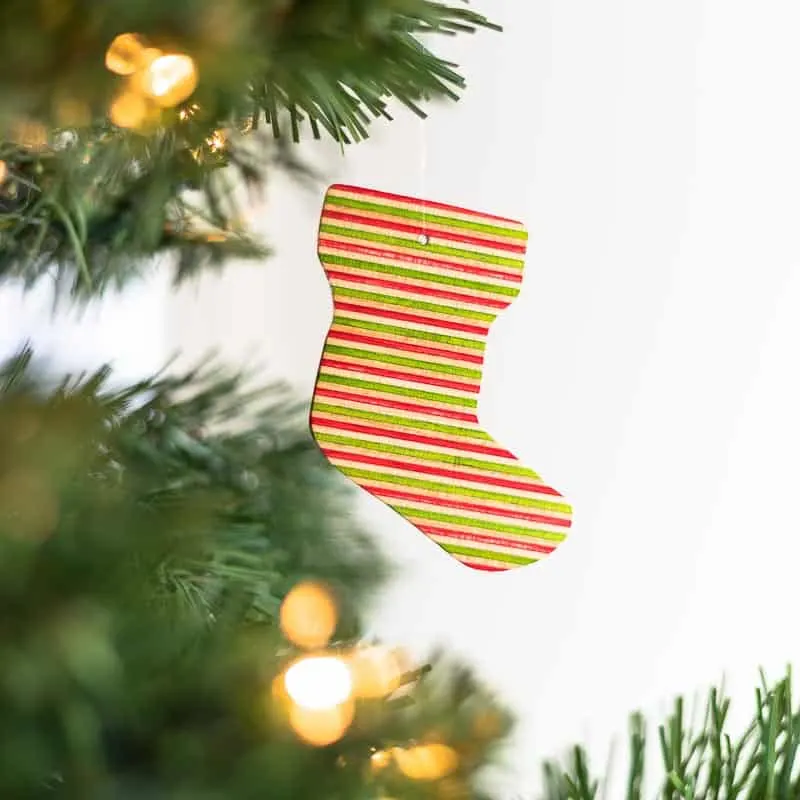 DIY wooden ornament shaped like a stocking
