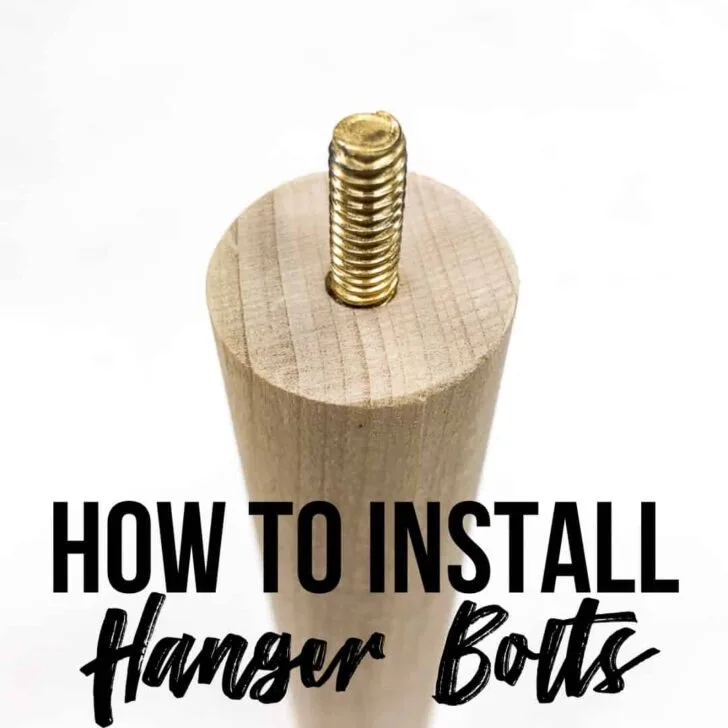 image of hanger bolt installed in wooden dowel with How to Install Hanger Bolts text overlay
