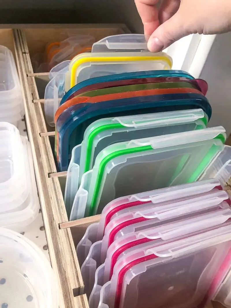 plastic lids in DIY drawer organizer