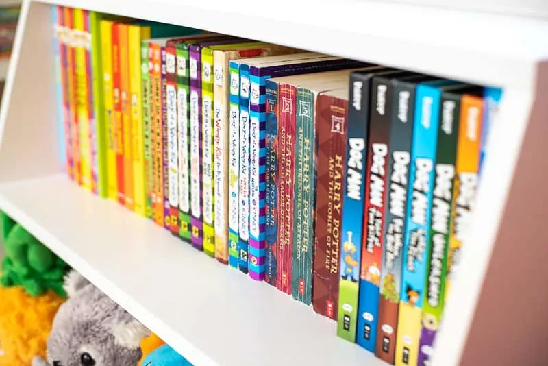 books on shelf of DIY kids bookshelf