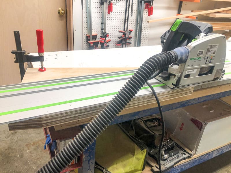 Festool track saw cutting off angled side of DIY kids bookshelf