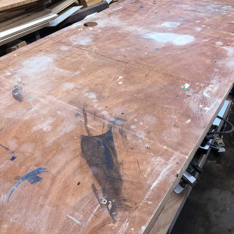 old workbench top before laminate installation