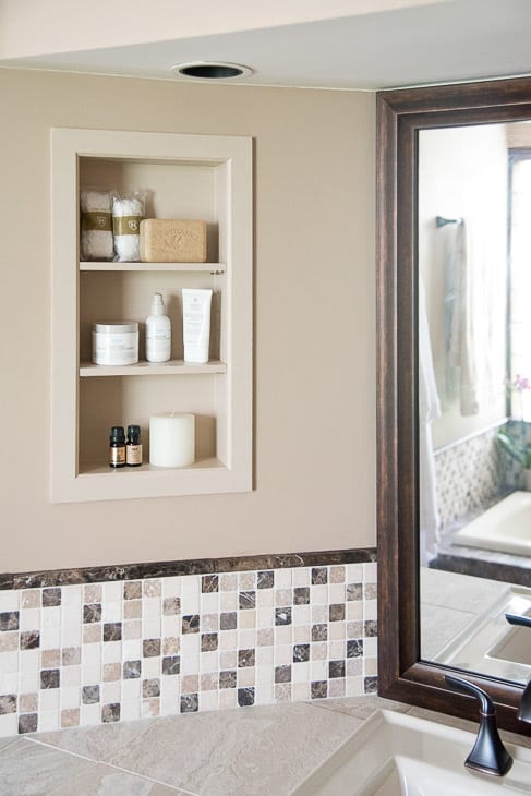 recessed shelves in bathroom installed between studs