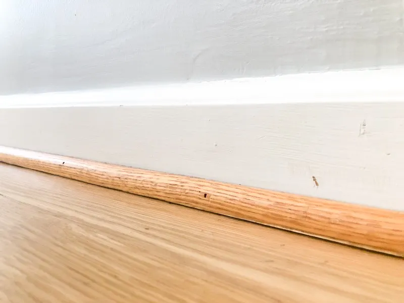 off-white baseboards with dents and dings, with oak quarter round trim