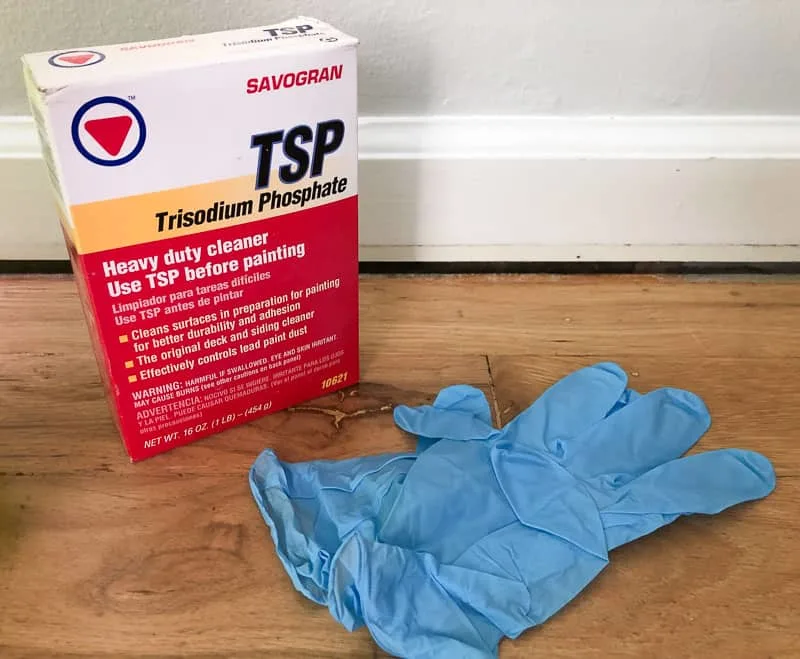 TSP and gloves for cleaning before painting baseboards