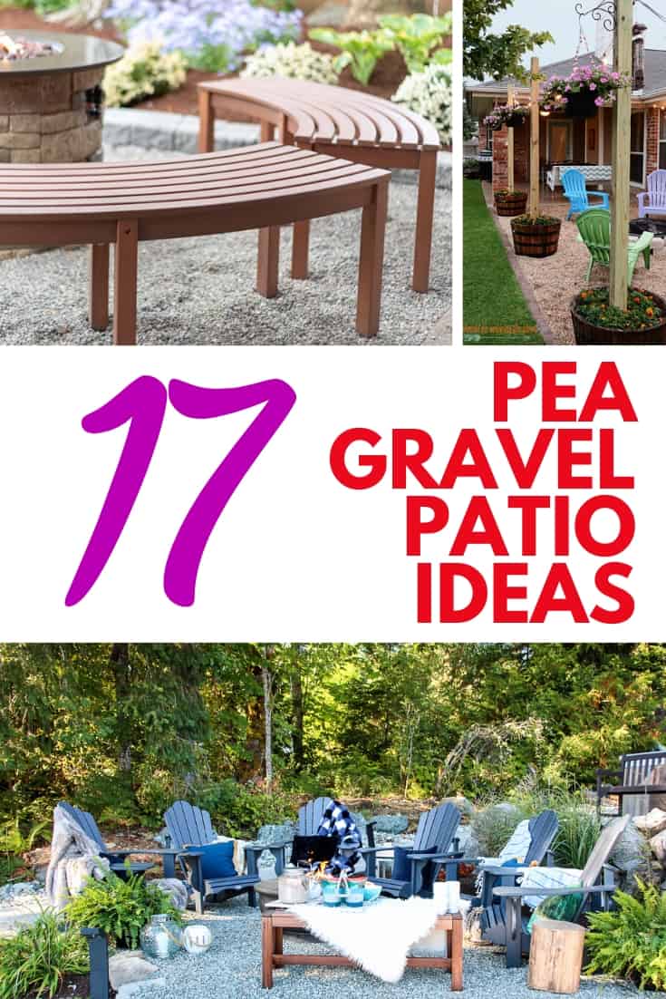 collage of pea gravel patio ideas