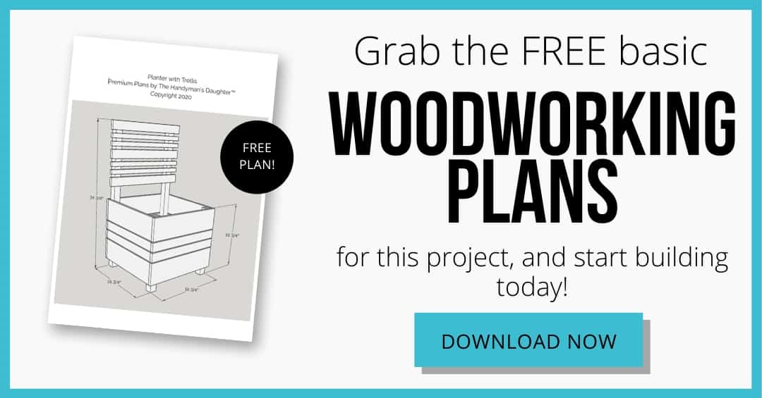 download button for free woodworking plans for DIY planter box with trellis