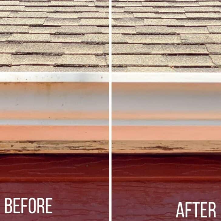 before and after cleaning the outside of gutters