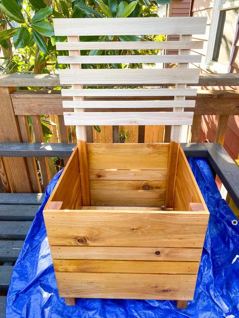 applying outdoor wood stain to DIY planter box with trellis