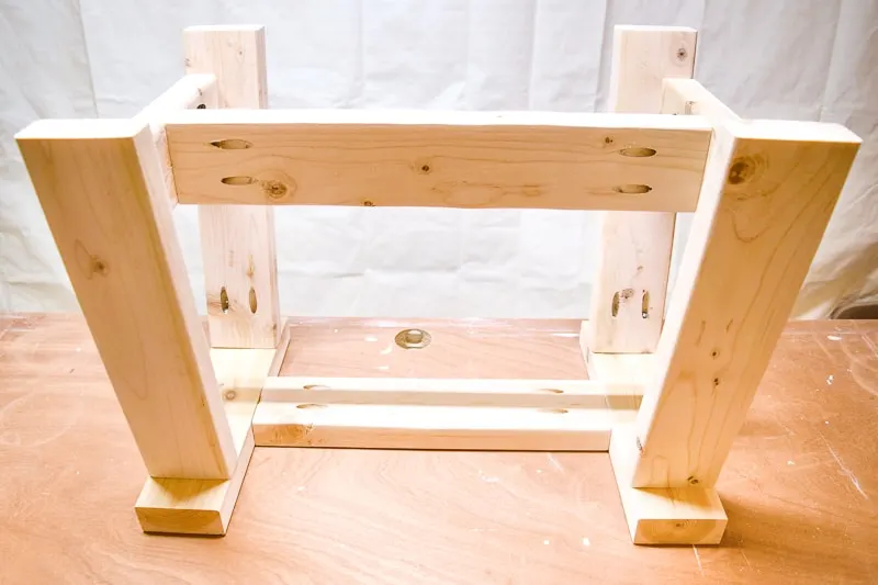 legs of 2x4 bench connected with stretchers