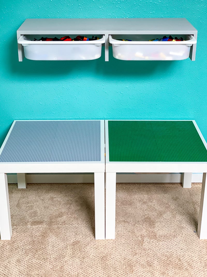 DIY IKEA Trofast shelf above Lego tables