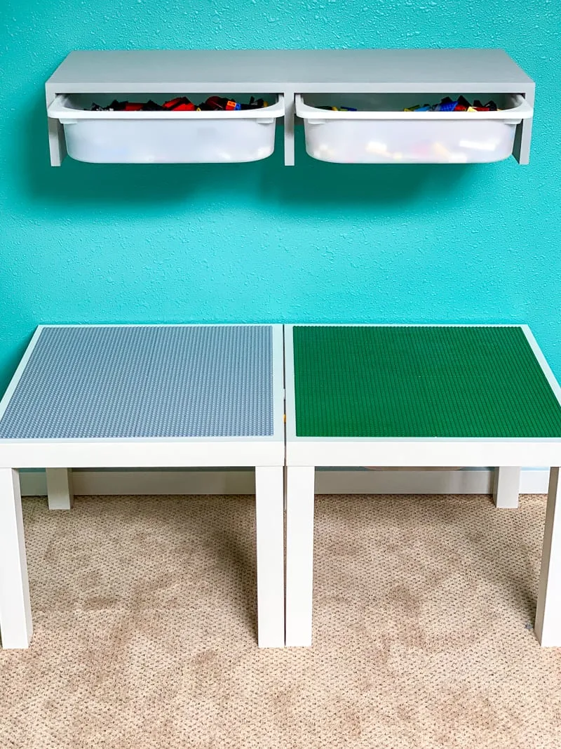 DIY IKEA Trofast shelf above Lego tables