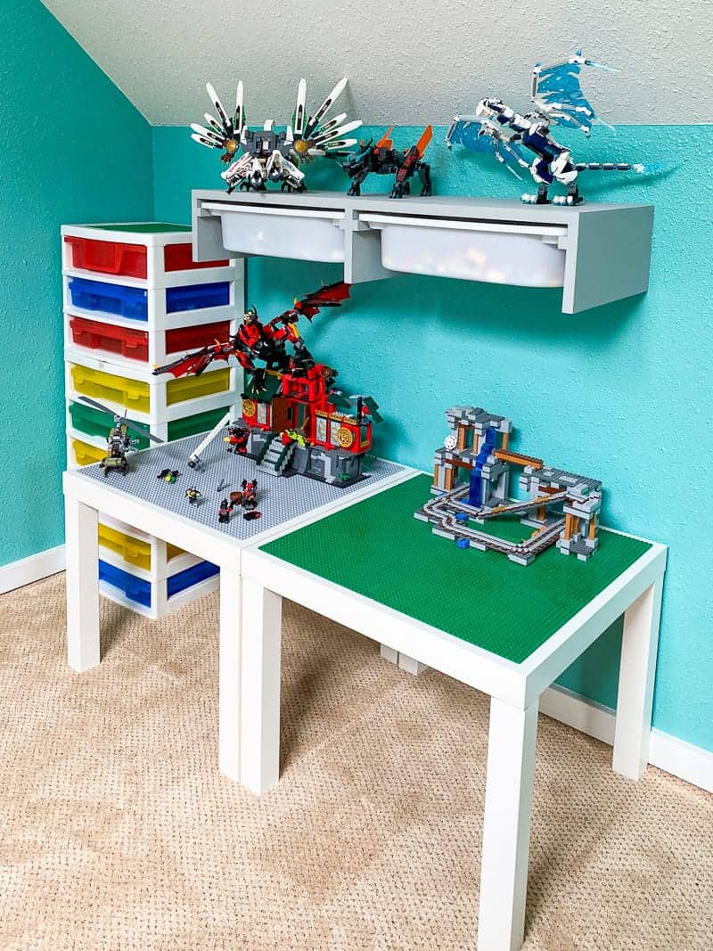 IKEA Trofast shelf over Lego table with Lego dragons