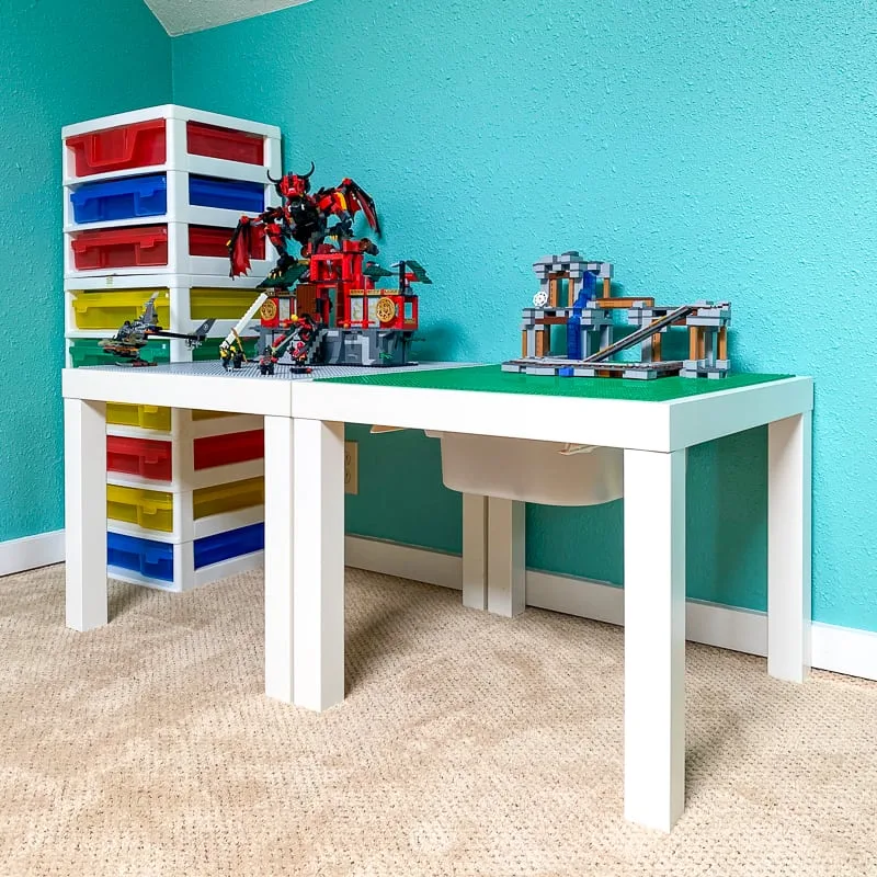 lego tables in corner of room