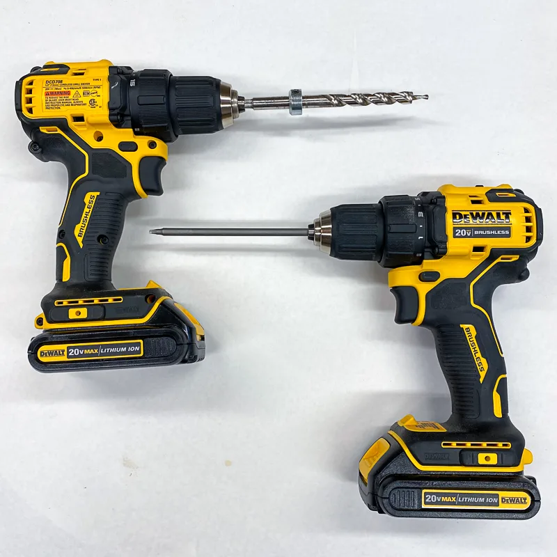 two drills, one with driver bit and one with drill bit