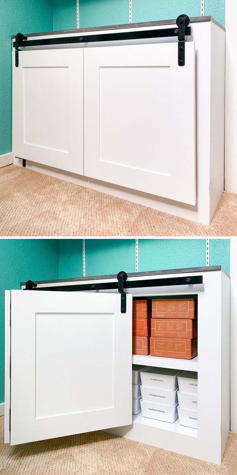 open and closed views of bifold barn doors on cabinet