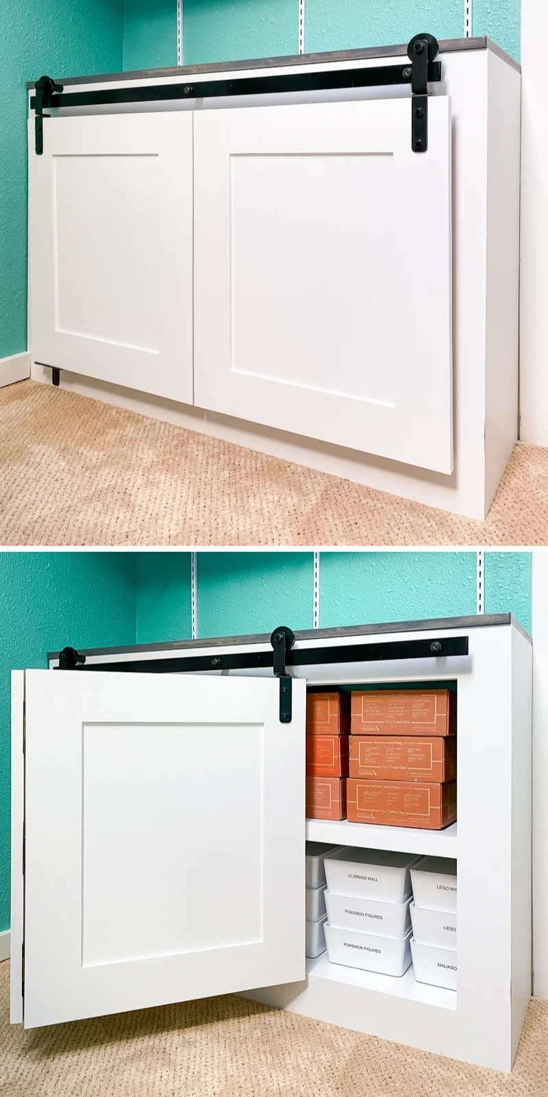open and closed views of bifold barn doors on cabinet