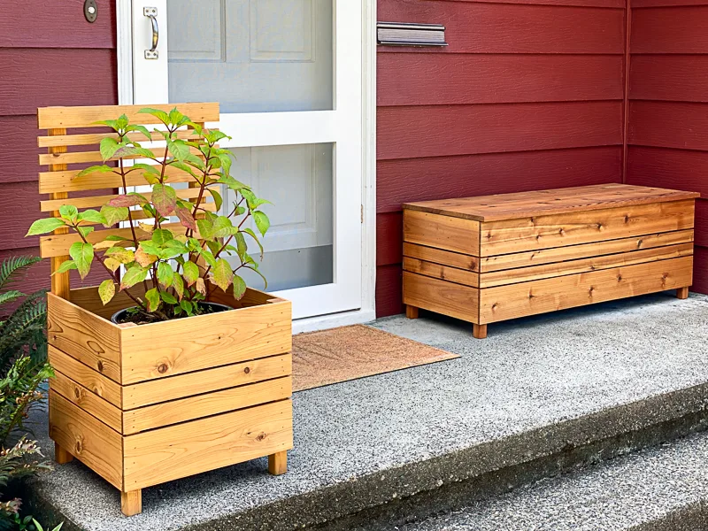 front porch with DIY planter box, screen door and outdoor storage box