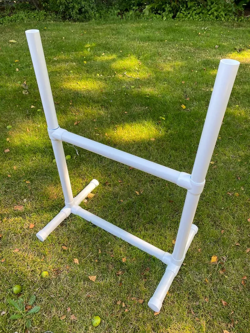 almost completed Nerf gun storage rack in backyard