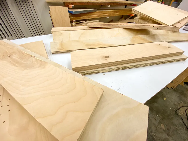 scrap plywood pieces on workbench